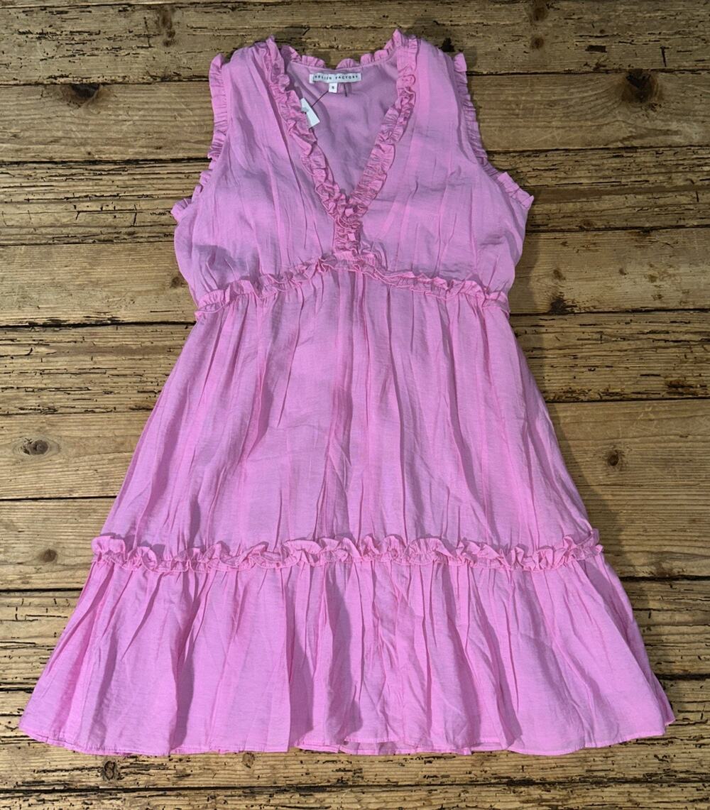 English Factory Women's Pink White Flower Sleeveless Ruffled Mini Dress Size S